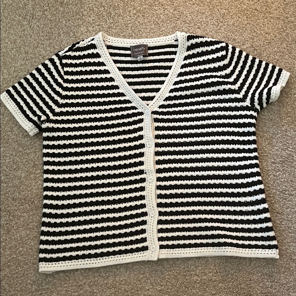 Ninety Black and White Striped V-Neck Button Front Top